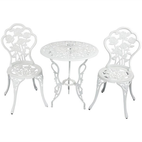 Sunnydaze 3Piece White Flower Designed Cast Aluminum Patio Furniture Bistro Set
