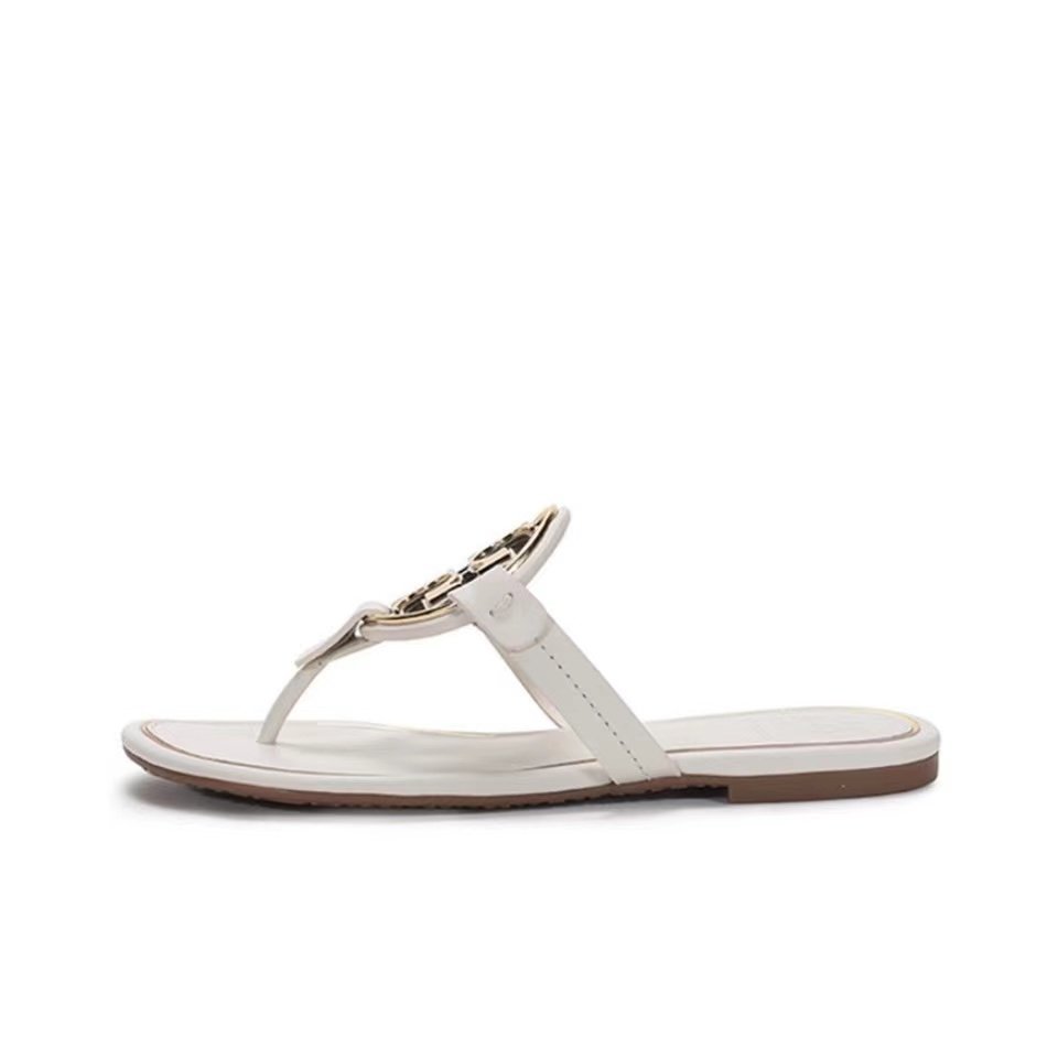 Tory Burch Leather Metal Double T Logo Flip-flops Sandals Slide