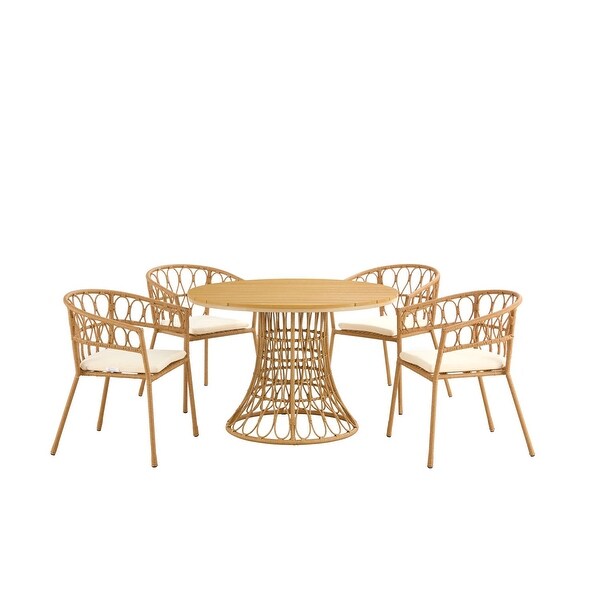 5Piece Outdoor Dining Set with bamboo table and rattan chairs