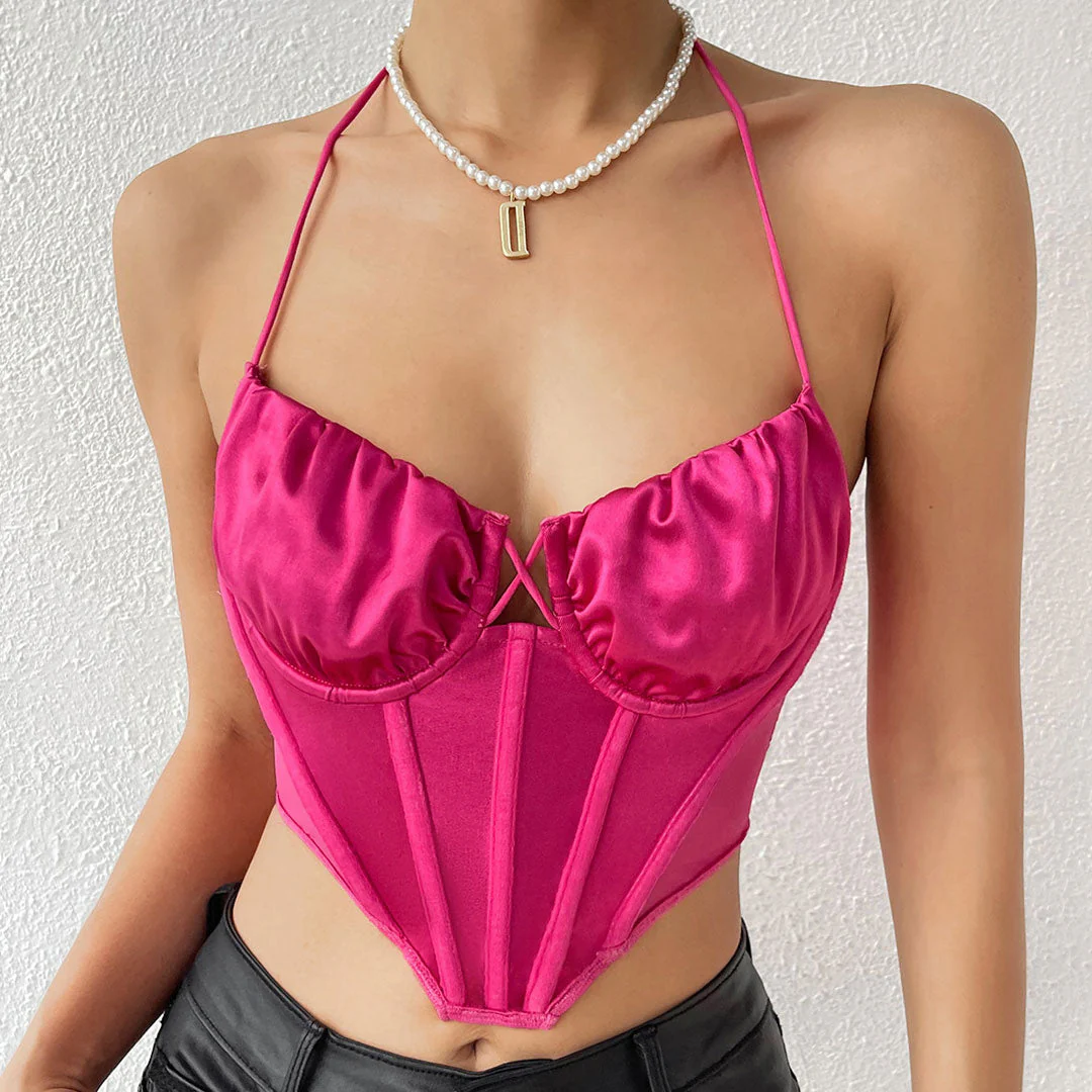 Satin Corset Halter Top - Ruched Sweetheart NecklineClistos
