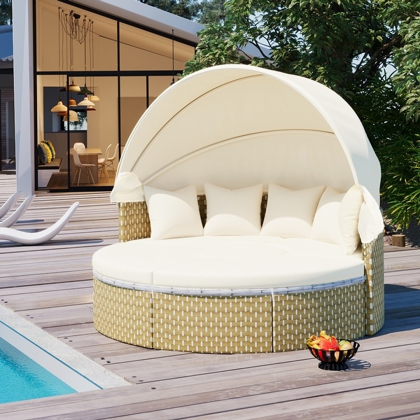 Patio Furniture Sectional Sofa Set Daybed with Retractable Canopy