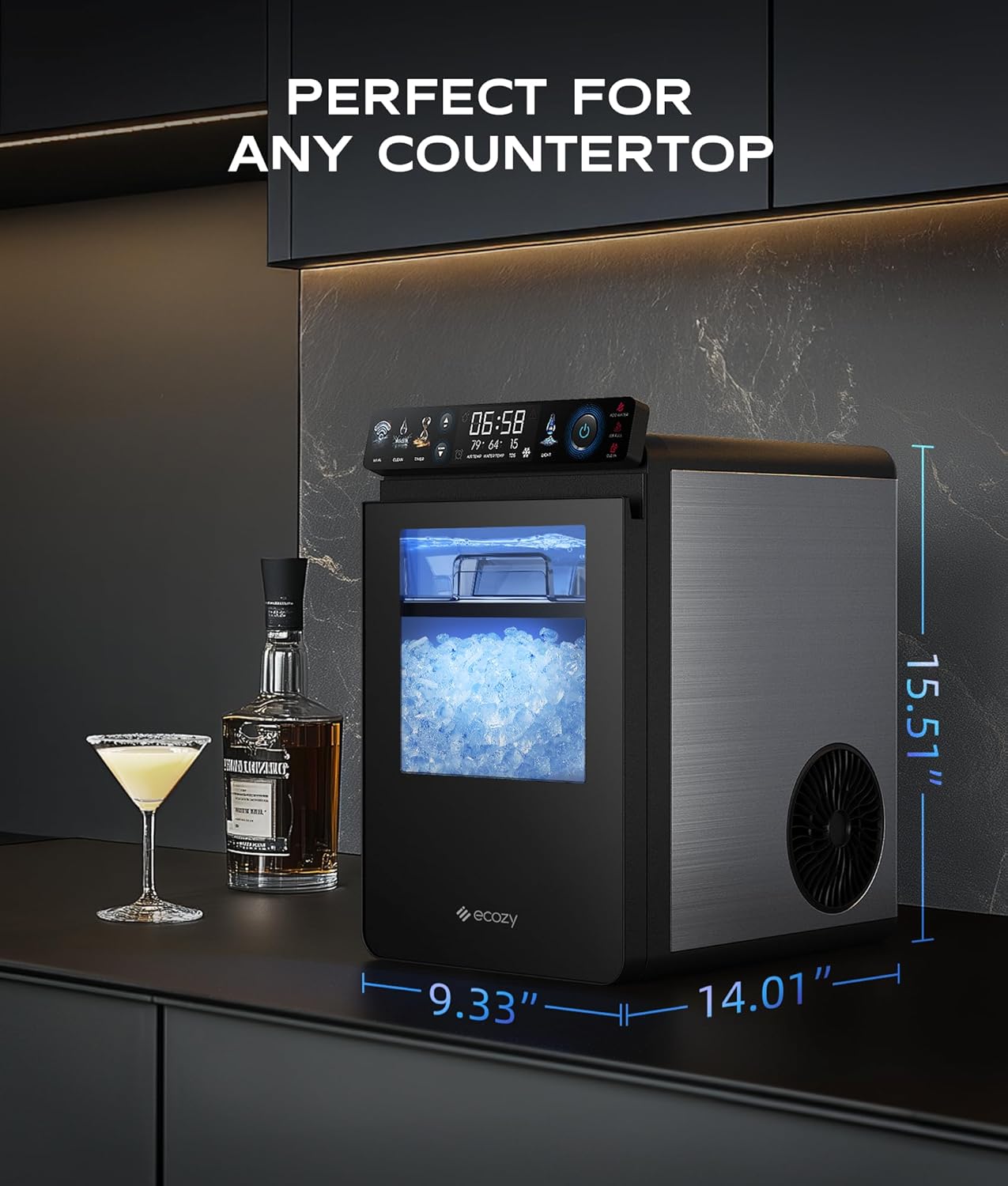 ecozy Nugget Ice Maker Countertop, Smart Pebble Ice Machine with APP Control, 44 lbs/24H Soft Pellet Chewable Ice with Self-Cleaning, Stainless Steel