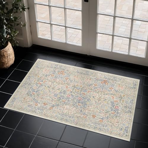Vintage Washable Beige Blue 10x14 Rug for Living Room - Extra Large Area Rug for Dining Room Under Table, Bedroom - Botanical Floral Design with Purple Red Accent, Non-Slip Lightweight Soft Low Pile
