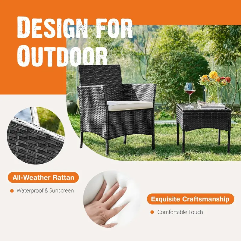 Sweetcripy 3-Piece All-Weather Patio Set – Woven Rattan Chairs with Cushions and Tempered Glass Table