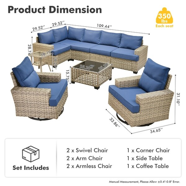 OVIOS 9 Pieces T shaped Seat Wide Armrest Swivel Chair Set With SolarPowered Table
