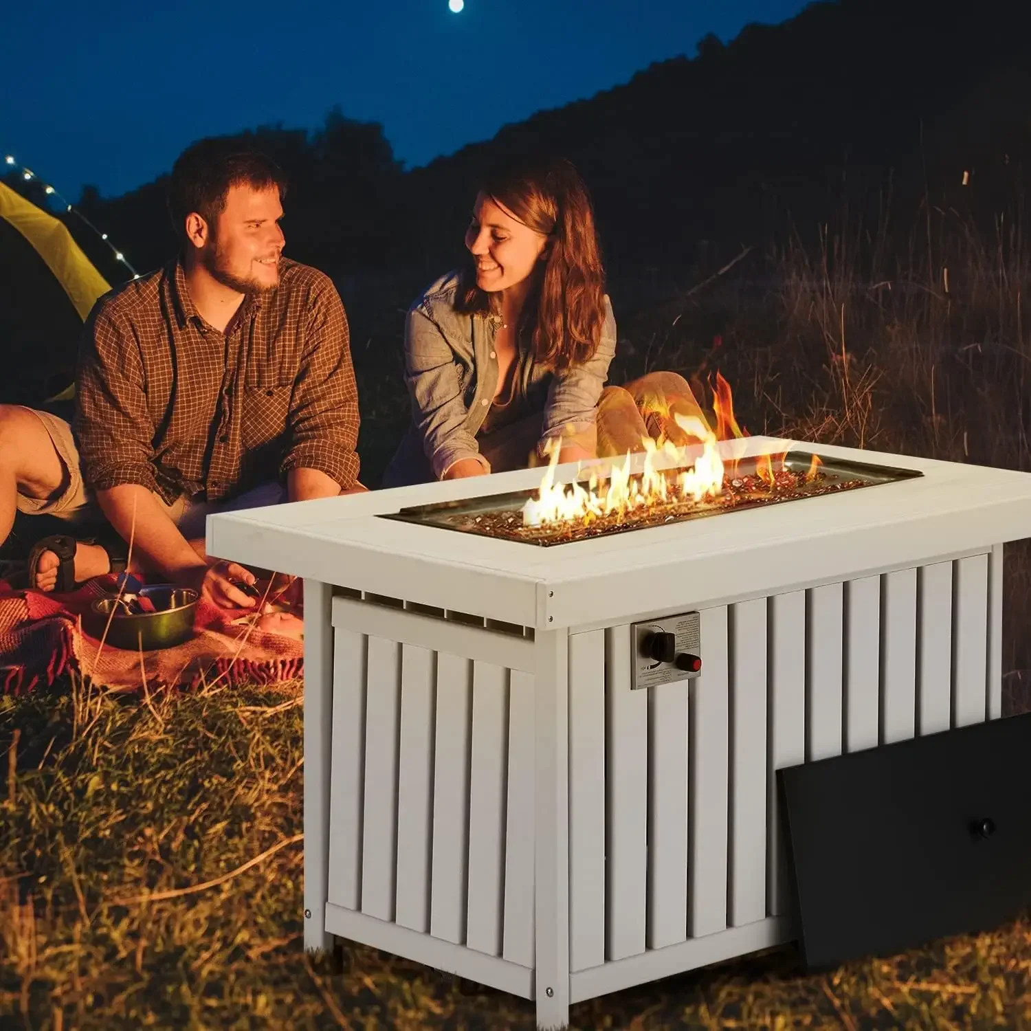 Propane Fire Pit Table, 43 Inch HDPE Smokeless Gas Fire Pit with Lid and Fire Glass, 50,000 BTU Firepit, Add Warmth and Ambience