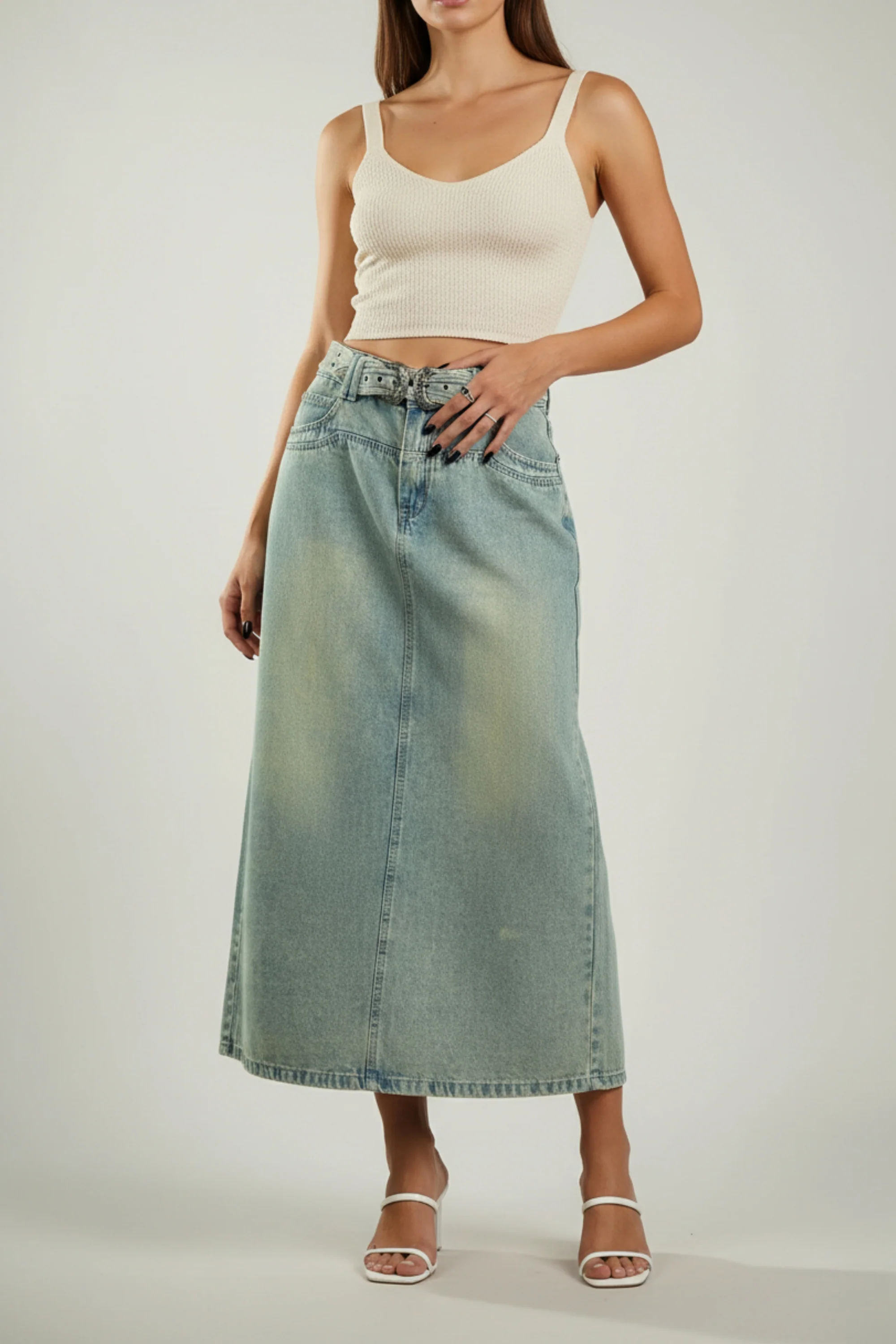 Denim Skirt With Buckle Belt