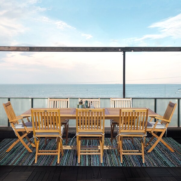 Seven Seas Teak 9 Piece Teak Wood Santa Monica Patio Dining Set,Rectangular Extension Table,8 Folding Arm and Side Chairs