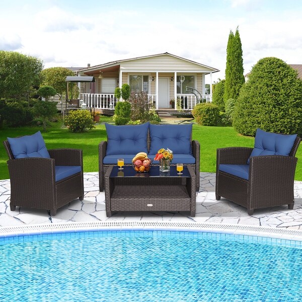 Costway 4 PCS Patio Rattan Furniture Set Glass Table Shelf Sofa
