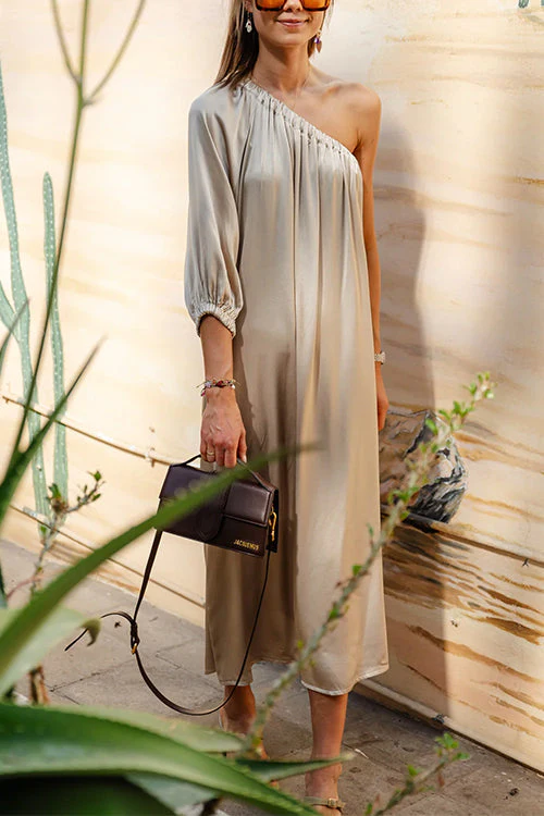 One Shoulder Midi Dress with Puffy SleeveClistos