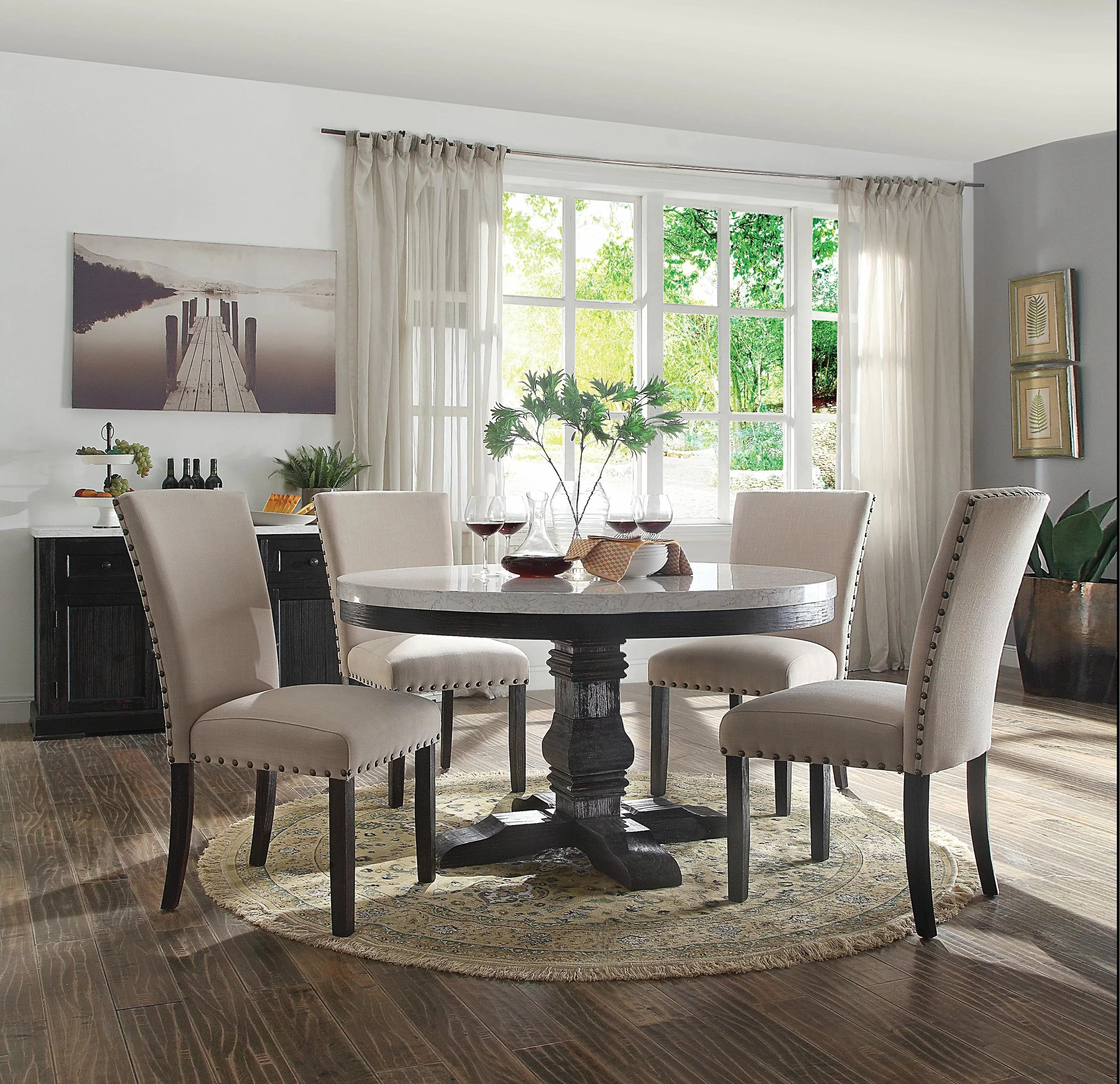 White Marble & Salvage Dark Oak Dining Table + 4x Chairs by Acme Nolan 72845-5pc