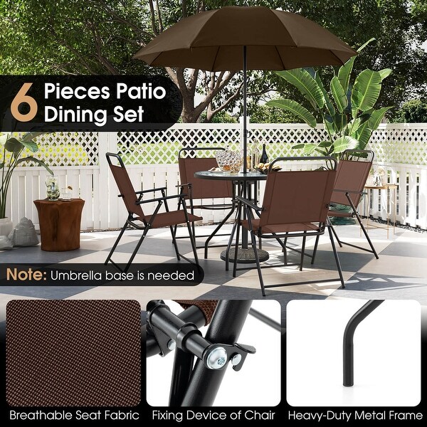 6 PCS Patio Garden Dining Set Folding Chairs Glass Table Umbrella