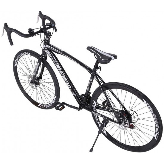 Aluminum Road Bike, 21 Speed Disc Brakes Aluminum Frame Road Bicycles Full Suspension Road Bike, 700c Dual Disk Brake Quick Release Racing Bicycles (Blue/White)