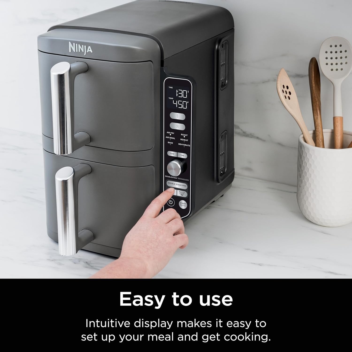 10QT DoubleStack 2-Basket Air Fryer, 4-Food Cooking, Smart Finish, Space-Saving Design, Grey