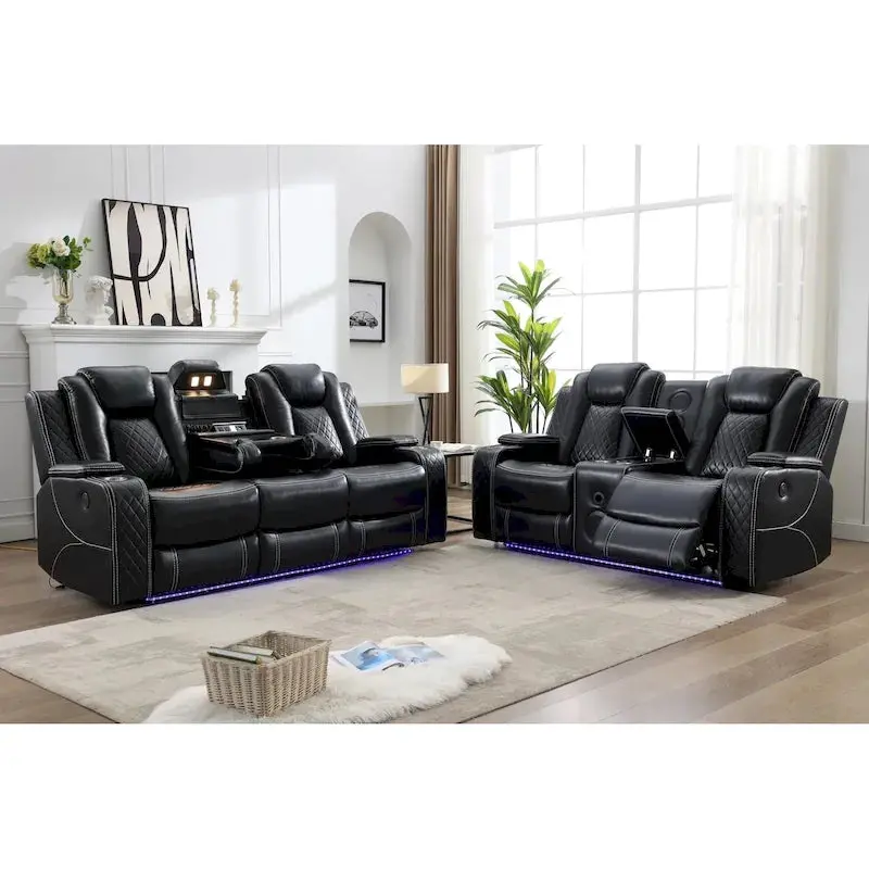 Power Reclining Sofa – Faux Leather Living Room Seating with Wireless Charging & LED Lighting