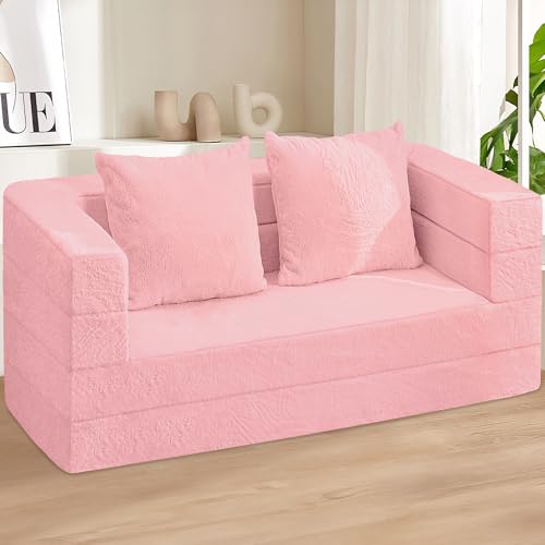 Folding Bean Bag Chair for Adults,3-in-1 Bean Bag Couch Faux Fur Floor Sofa Large Beanbag Convertible Bean Bag Sofa Bed with Pillow in Bedroom,Living Room,Apartment(Twin,Caramel)