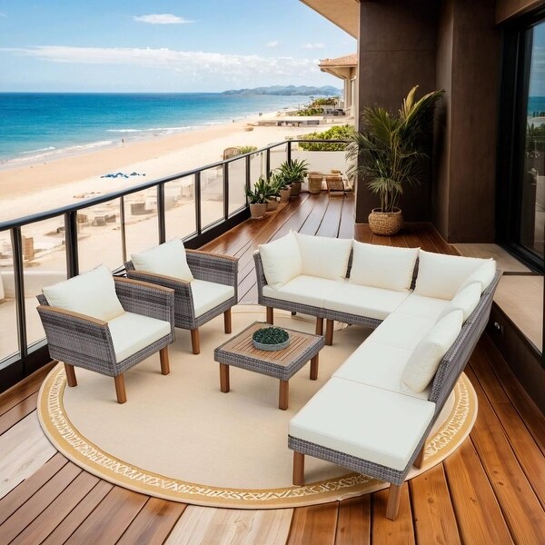 Elegant 9Piece Patio Rattan Outdoor Conversation Set With Acacia Wood Legs and Tabletop,Coffee Table,Washable Cushion