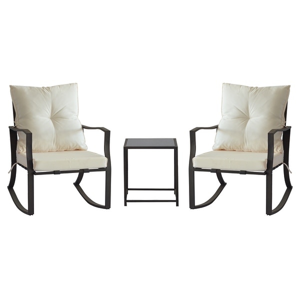 3 Piece Steel Rocking Bistro Set with Glass Table and Cushions