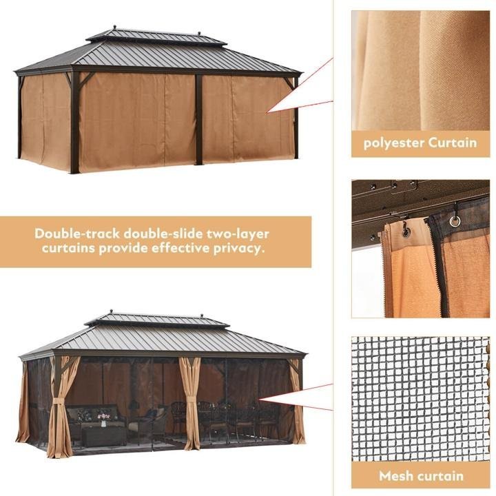 12’x20′ Galvanized Steel Hardtop Gazebo Double-Roof Pergola w/ Netting Curtain