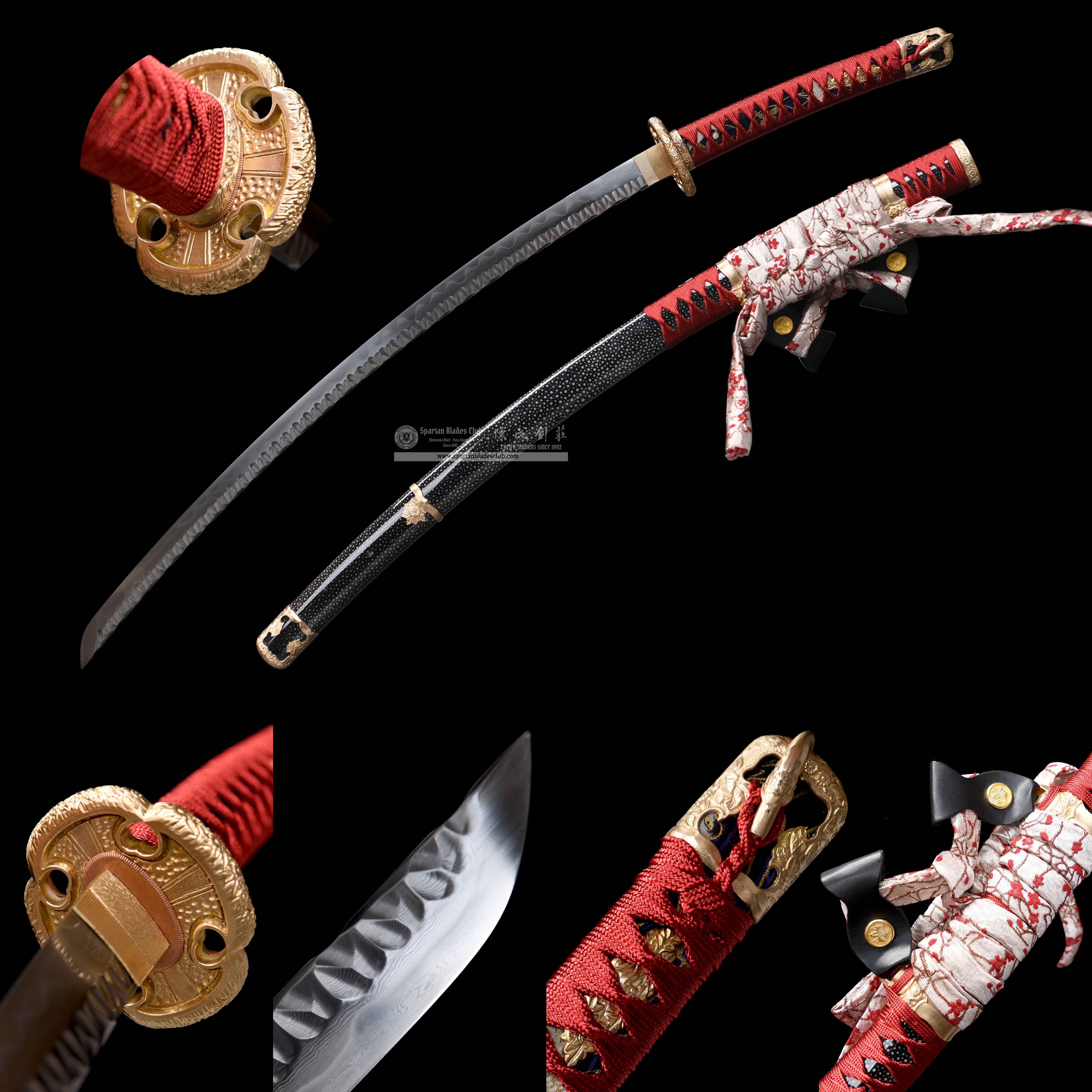 HY179 | Aori | Tachi | Damascus Steel | Clay-tempered | Real Hamon | Red | Flower | Battle-Ready | Full-tang | Spartan Blades Club | CHEN'S SWORDS 1892 - Spartan Blades Club - 陳氏劍莊1892