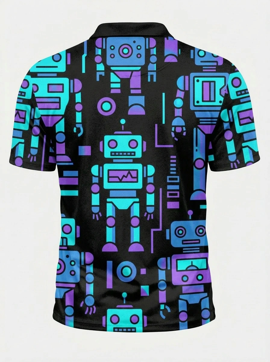 Moisture Wicking Golf Polo 3D Black Teal Purple Robot Button Short Sleeve Golf Polo ShirtSleeve Golf Polo Shirt