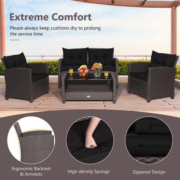 Costway 4 PCS Patio Rattan Furniture Set Glass Table Shelf Sofa