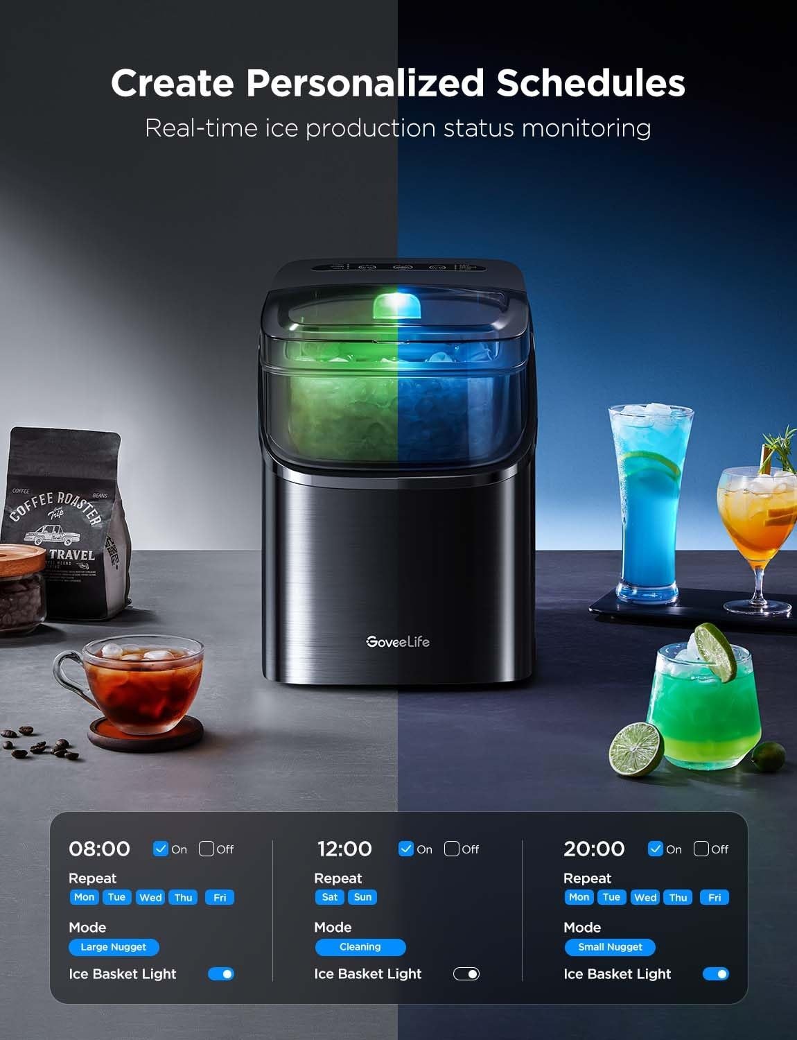 Smart Ice Maker Countertop, Portable Ice Machine with Voice Control, 9 Ice Cubes in 6 Minutes 3 Sizes, 26lbs/24Hrs, Self Cleaning RGB Lights, Quiet Ice Maker with Scoop for Kitchen Black