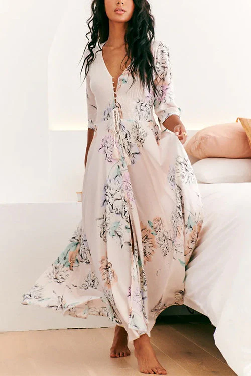Floral Maxi Dress with V-Neck & Smocked WaistClistos