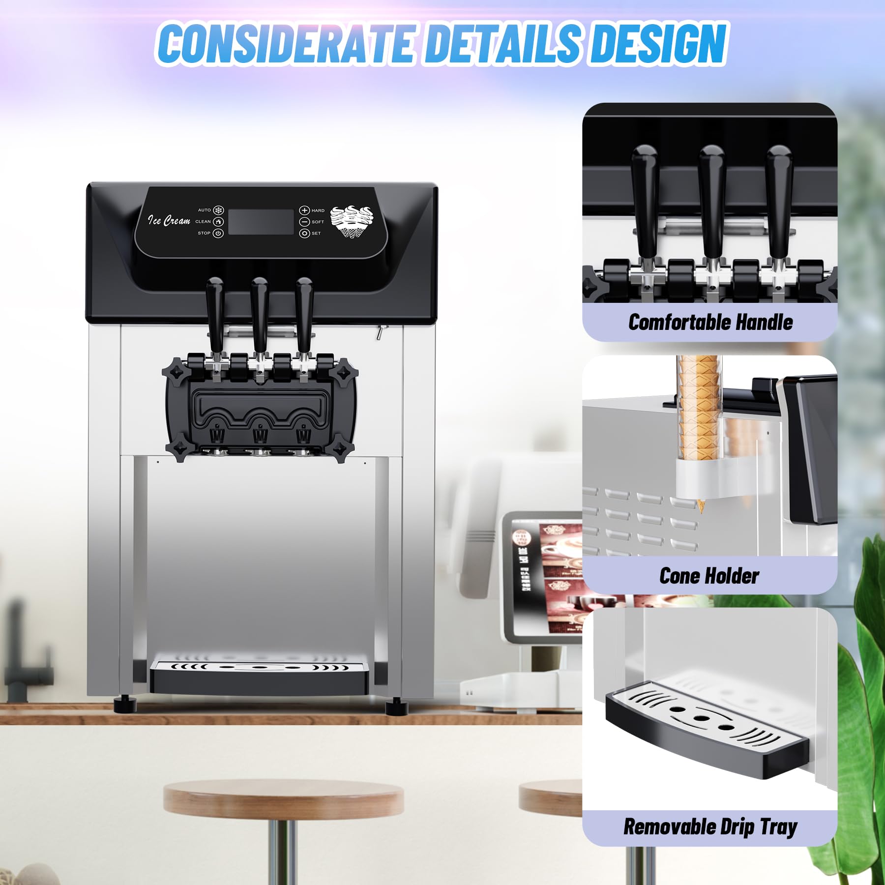 2026 2200W Commercial Ice Cream Machine, 3 Flavor Soft Serve Ice Cream Machine, 5.3-7.4 Gal/Hr, with LCD Touch Screen, Automatic Cleaning, High Productivity for Home Snack Bar & Restaurants