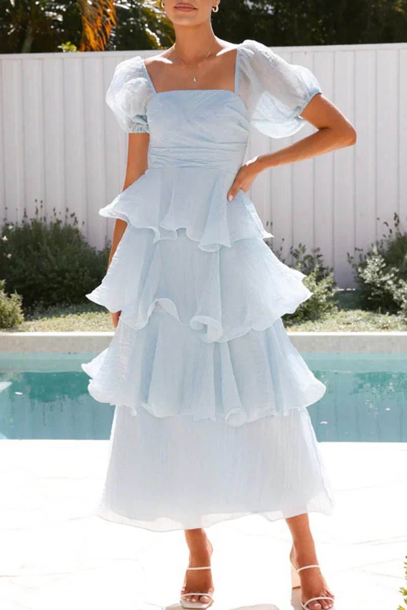 Backless Square Neck Puff Sleeve Maxi DressClistos