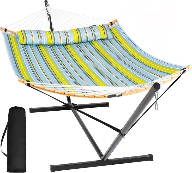 SUNCREAT Double Hammock with Stand – 2-Person Portable Hammock with Curved Spreader Bar