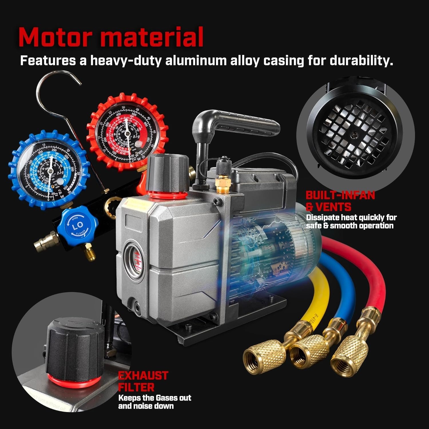 Vacuum Pump R134a R22 R32 R410A A/C Refrigeration with Manifold Gauge Can Tap Set Carrying Bag (Gen2, 4.5 CFM)