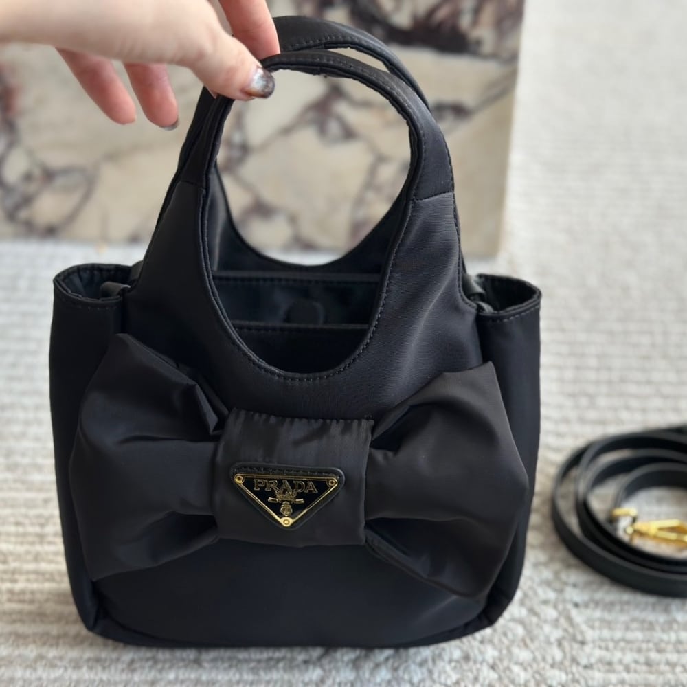 Prada Re Nylon And Nappa Leather Mini Bag With Bow Black 20Cm