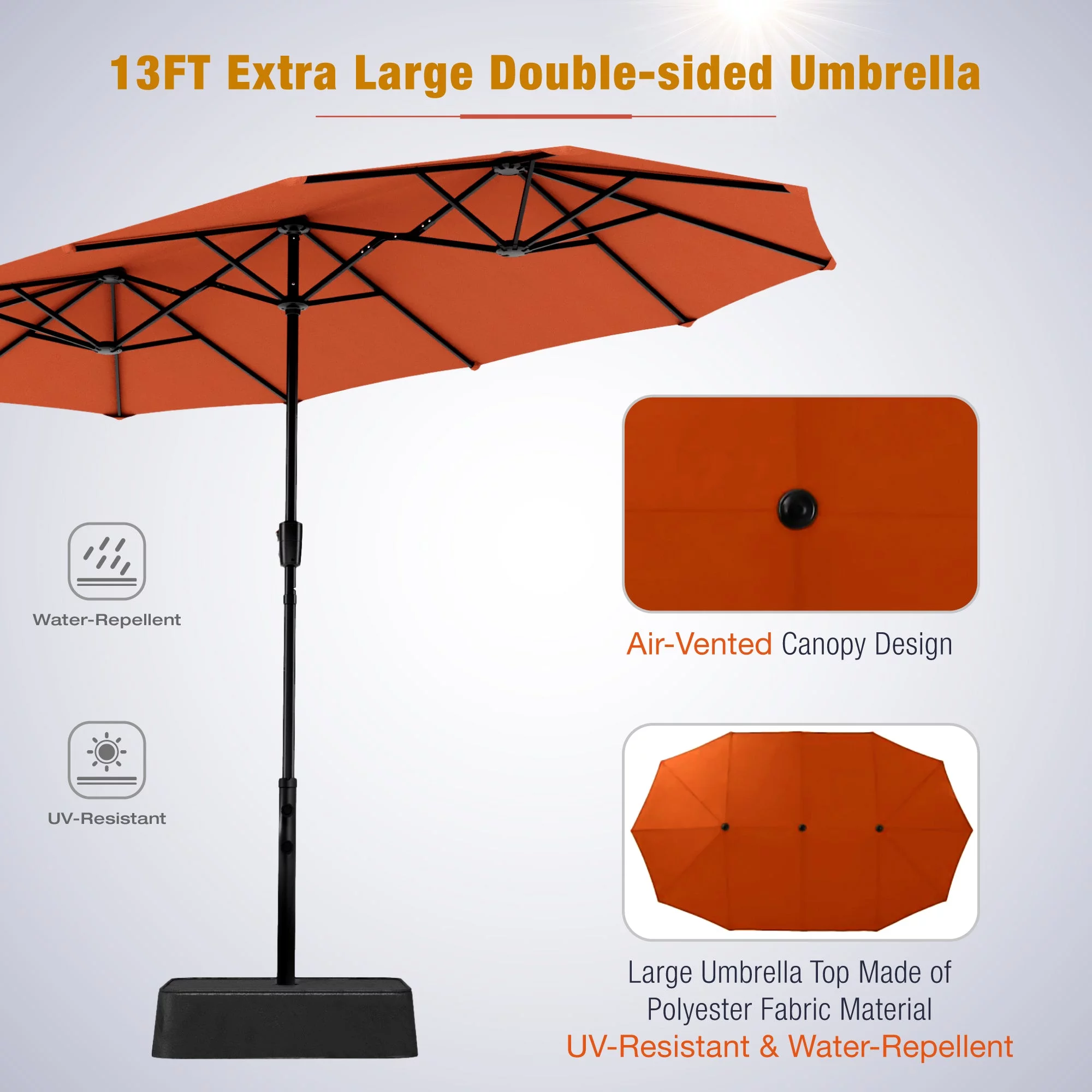 Sophia & William 8-Piece Outdoor Patio Dining Set with 13 ft Orange Red Umbrella, Rectangle Table & Textilene Chairs for 6