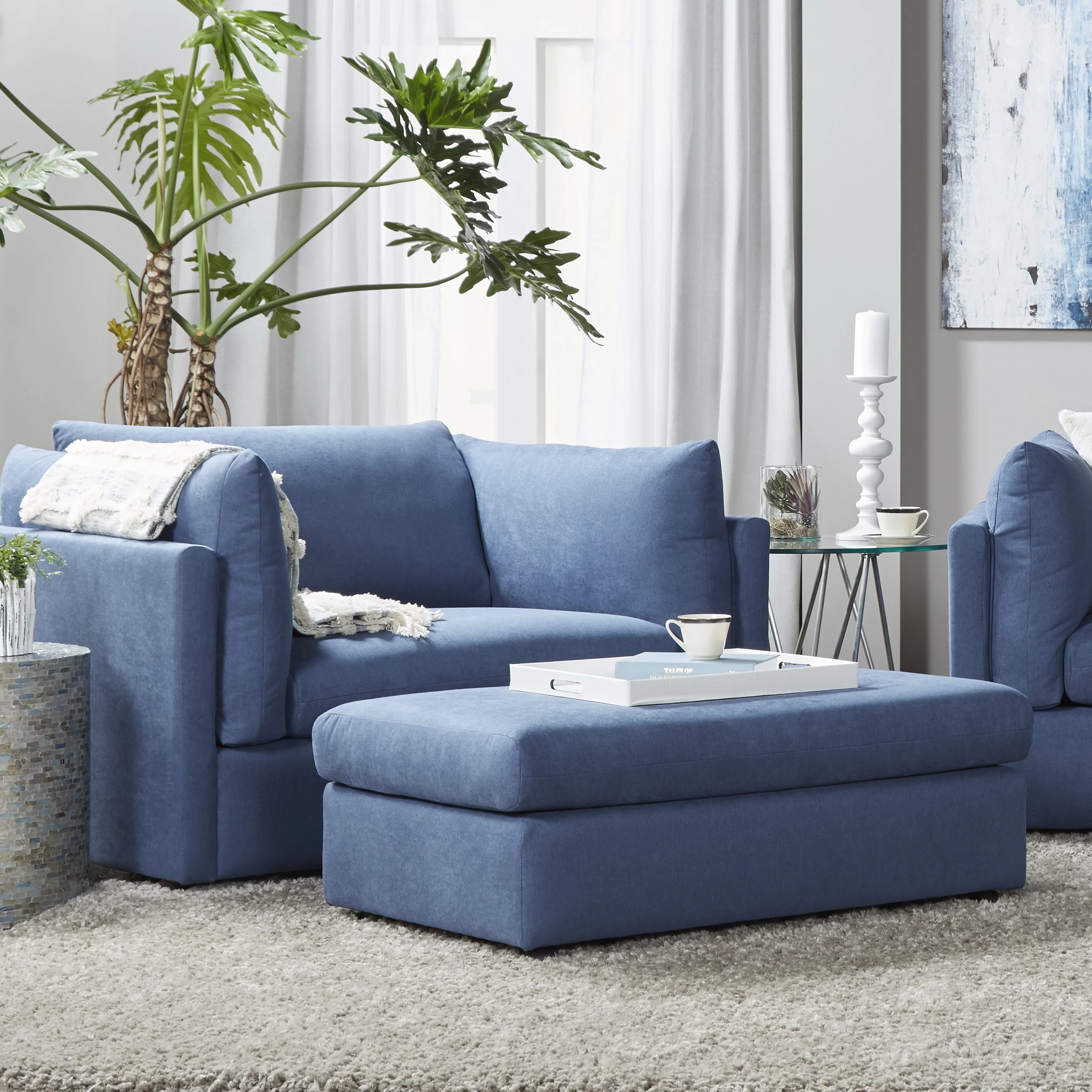 Roundhill Furniture Enda Oversized Living Room Pillow Back Cuddler Arm Chair with Ottoman, Image Navy