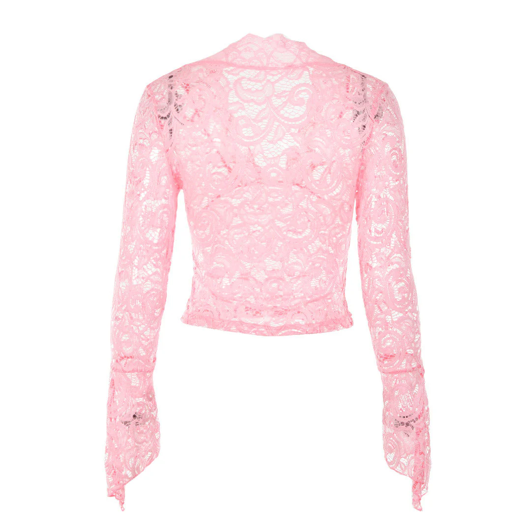 Sheer V Neck Flared Sleeve Lace Crop Top - PinkClistos