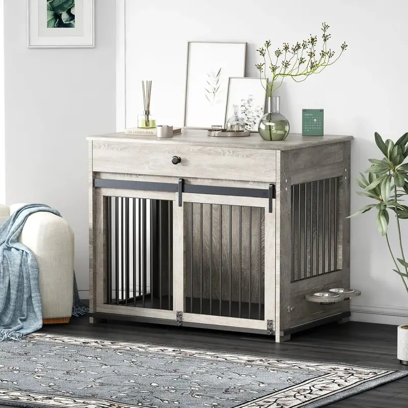 Wooden Dog Crate Furniture – White Indoor Kennel with Rotating Bowl, Flip-Up Door, and Hidden Storage Drawer