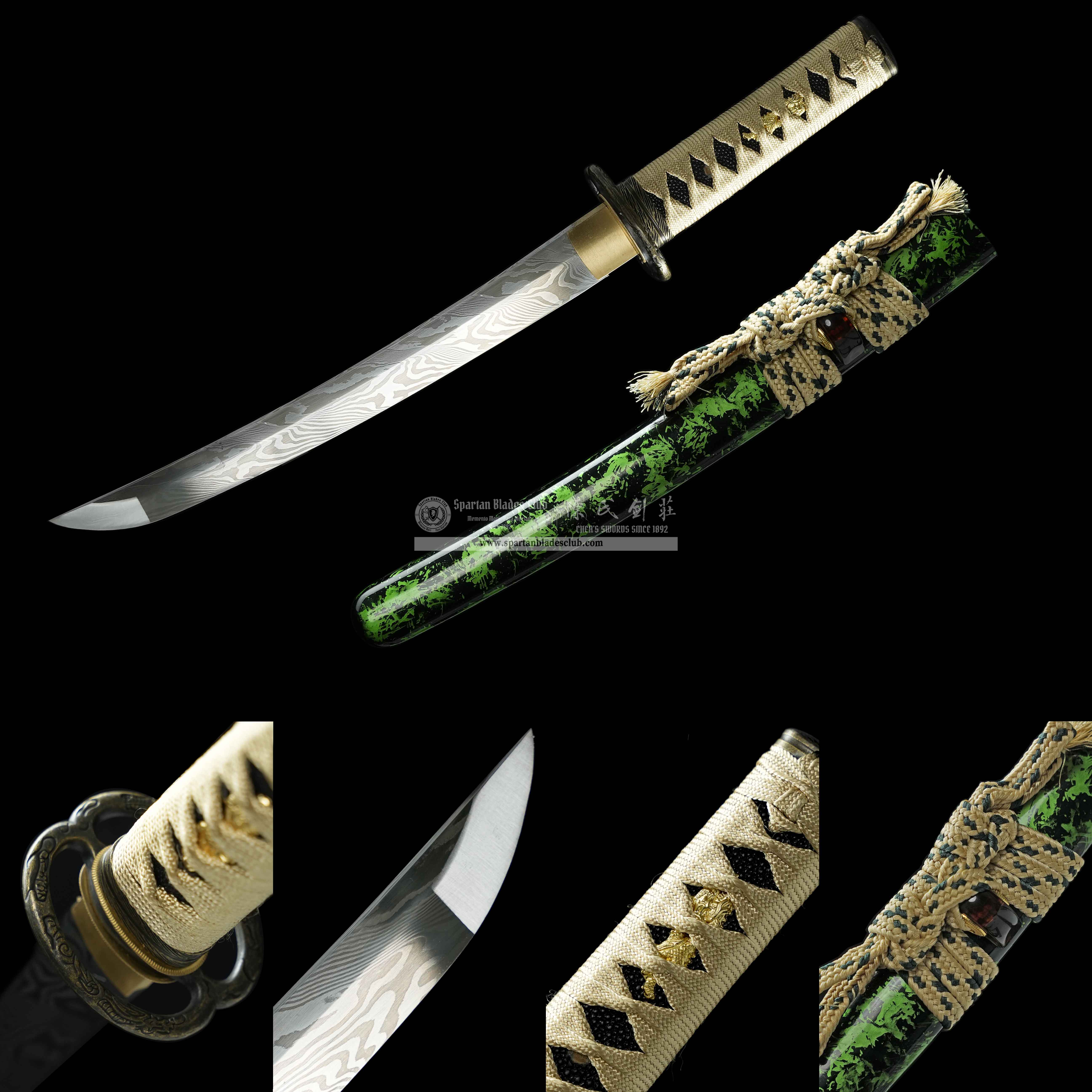 HY187 | Midori | Tanto | Damascus Steel | Green | Battle-Ready | Full-tang | Spartan Blades Club | CHEN'S SWORDS 1892 - Spartan Blades Club - 陳氏劍莊1892