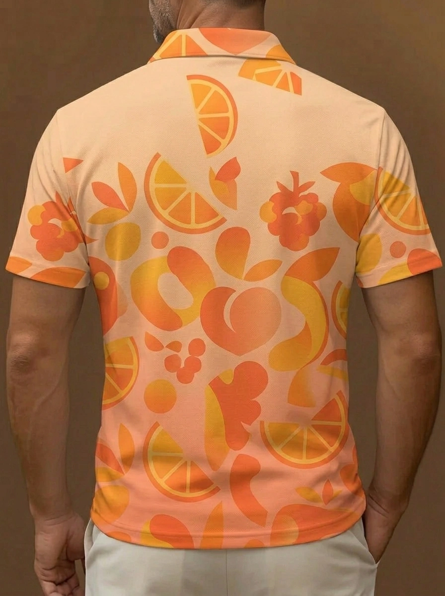 Peach Orange Citrus Fruit Print Short Sleeve Golf Polo Shirt