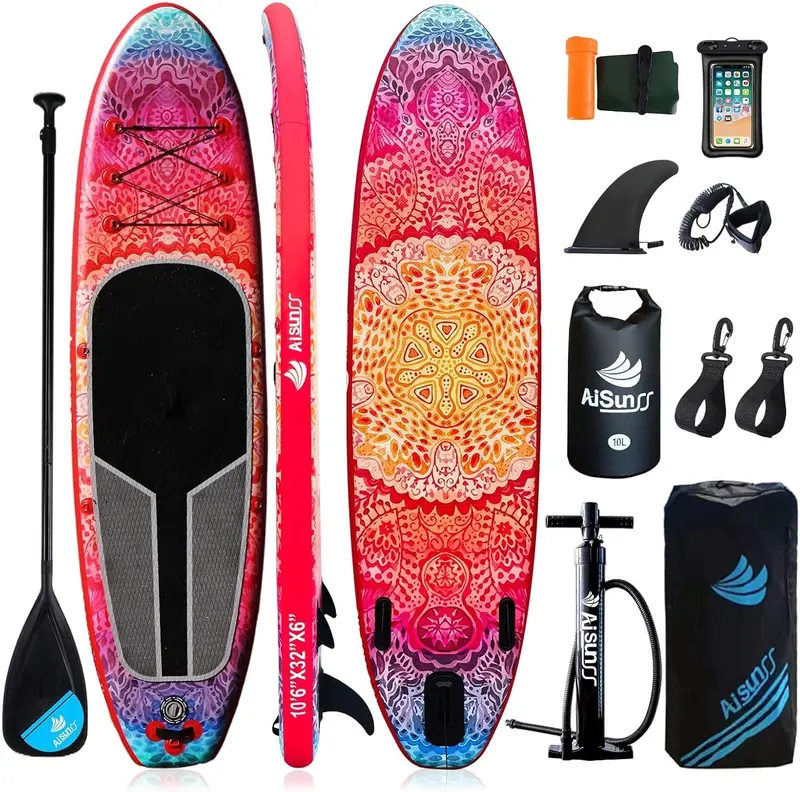 Wide-Deck Inflatable SUP Board Bundle – Includes Carry Bag, Hand Pump, Waterproof Dry Bag & Adjustable Paddle