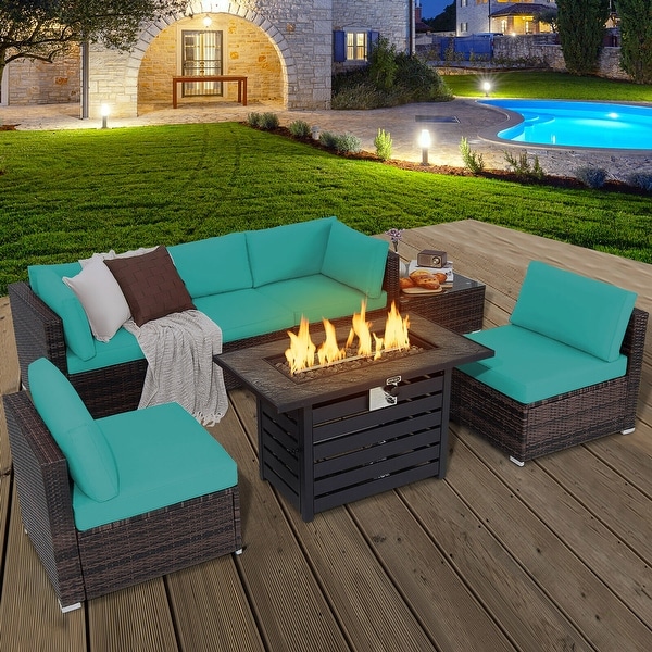 Gymax 7PCS Patio Rattan Furniture Set 42'' Fire Pit Table w/ Cover