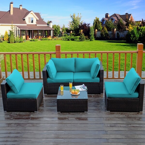 Costway 5PCS Patio Rattan Furniture Set Cushioned Sofa and Chair Coffee