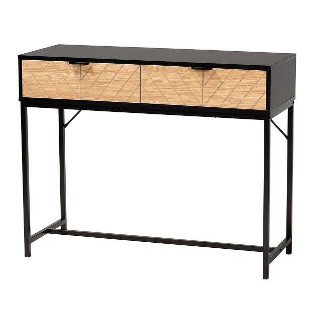 Jacinth Two tone Wood And Metal 2 Drawer Console Table Black natural Brown Baxton Studio