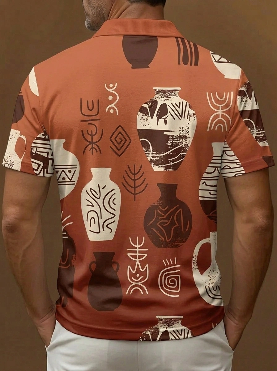 Rust Orange Pottery Vase Print Short Sleeve Golf Polo Shirt