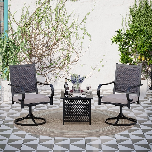 MAISON ARTS 3piece Patio Bistro Set,2 Rattan Swivel Chairs with Cushion and 1 Metal Table with Umbrella Hole