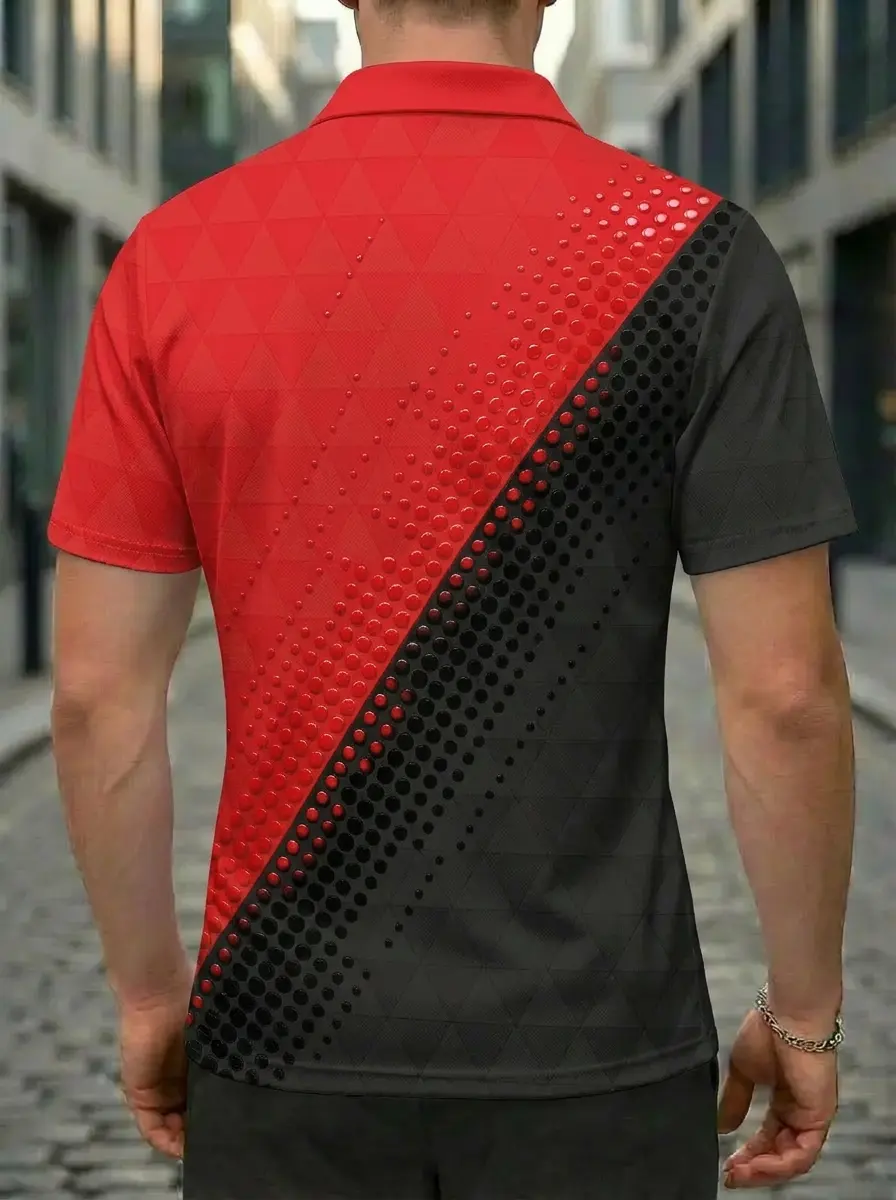 Moisture Wicking Golf Polo 3D Red Black Dot Geometric Button Short Sleeve Golf Polo Shirt