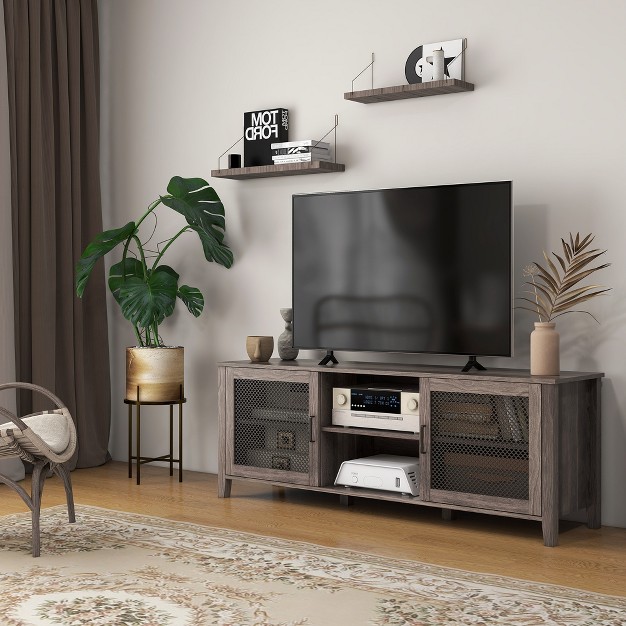Homcom Industrial Tv Cabinet Stand For Tvs Up To 65 quot Entertainment Center With Mesh Doors And Shelves For Living Room Brown