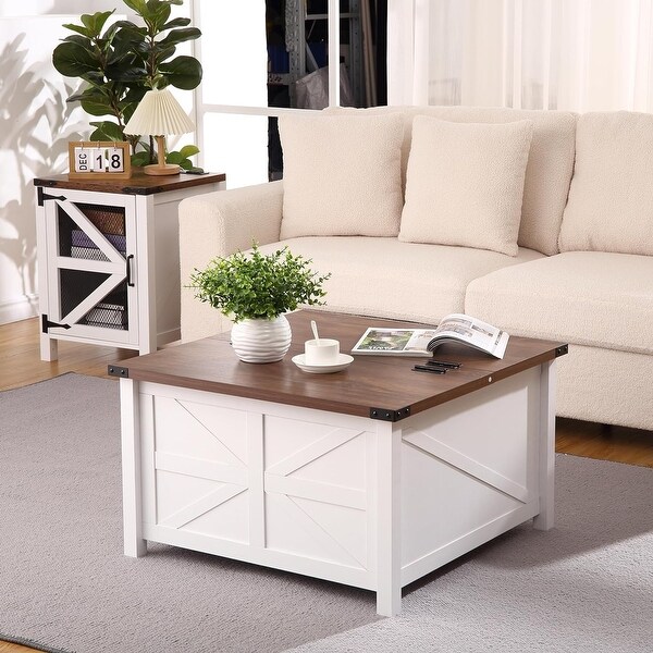 Farmhouse Square Coffee Table,Wood Center Table with Large Hidden Storage Compartment