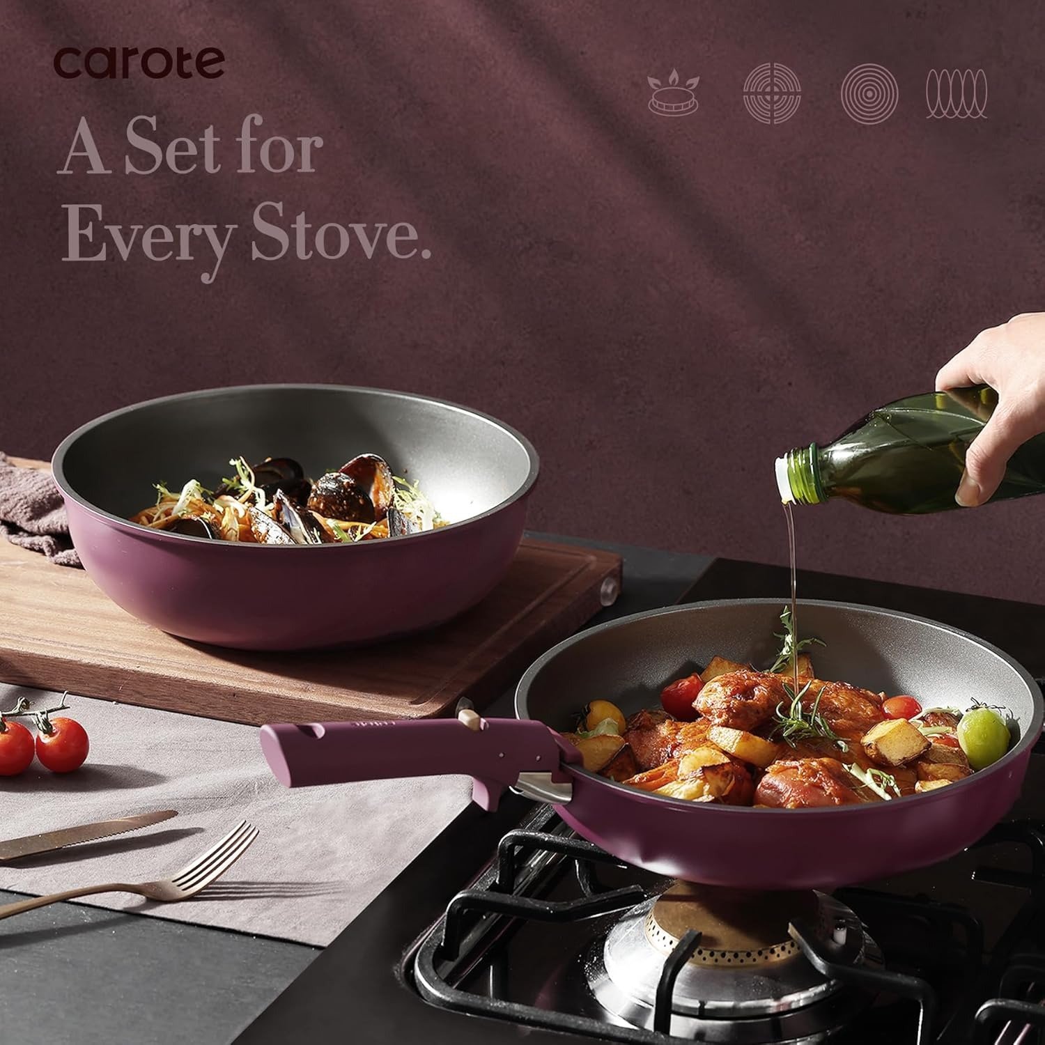 21-Piece Nonstick Cookware Set Detachable Handle Induction Compatible Gold Ultra Violet