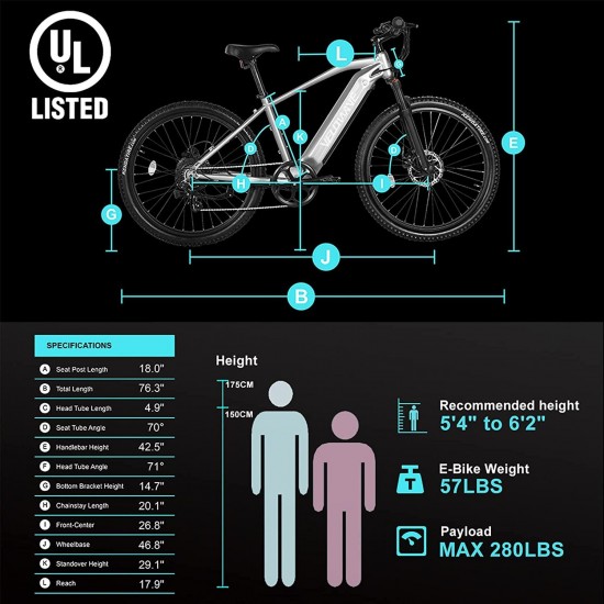 Electric Bike Adults 500W 27.5” Ebike 25MPH Mountain E-Bike 48V 13Ah Lithium-Ion Battery Removable 7-Speed UL Certified